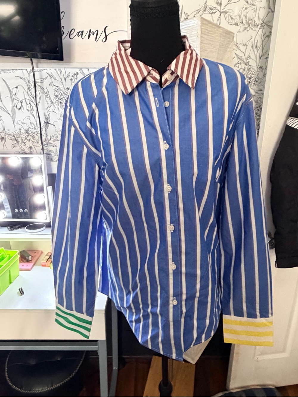 Rosie Assoulin Blue and White Striped Button-Down Shirt with Multicolor Accents